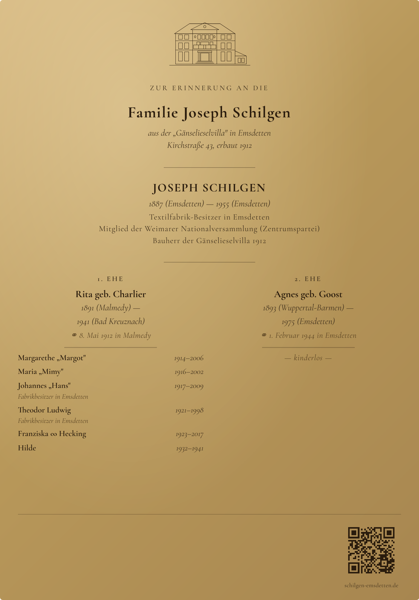 Gedenktafel der Familie Joseph Schilgen — bronzefarbener Untergrund, Gänselieselvilla-Strichzeichnung als Kopf, Joseph Schilgen zentral, beide Ehefrauen mit Kindern in zwei Spalten