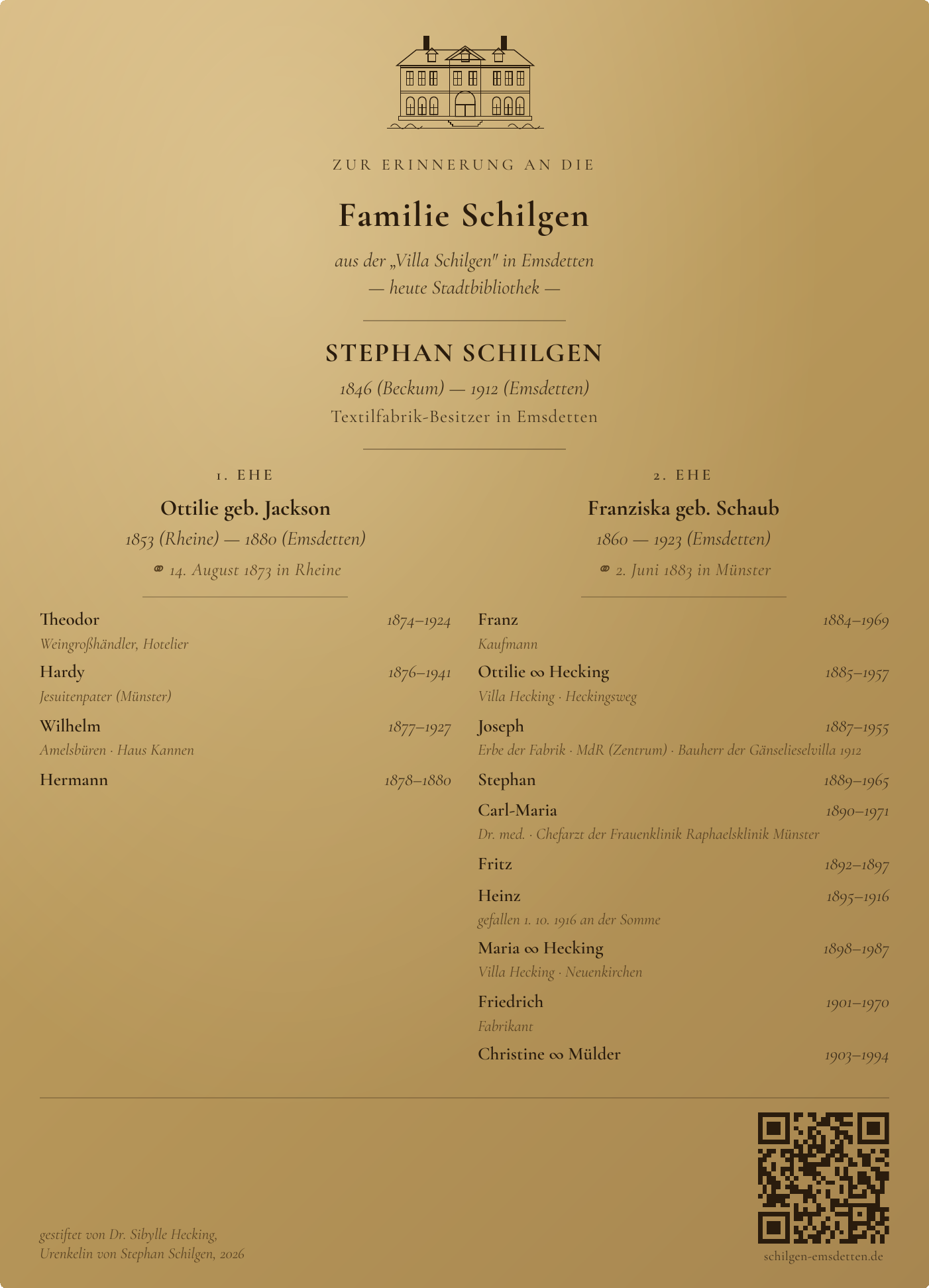 Gedenktafel der Familie Schilgen — bronzefarbener Untergrund, Cormorant-Garamond-Schriftbild, Villa-Schilgen-Strichzeichnung als Kopf, Stephan Schilgen sr. zentral, beide Ehefrauen mit Kindern in zwei Spalten