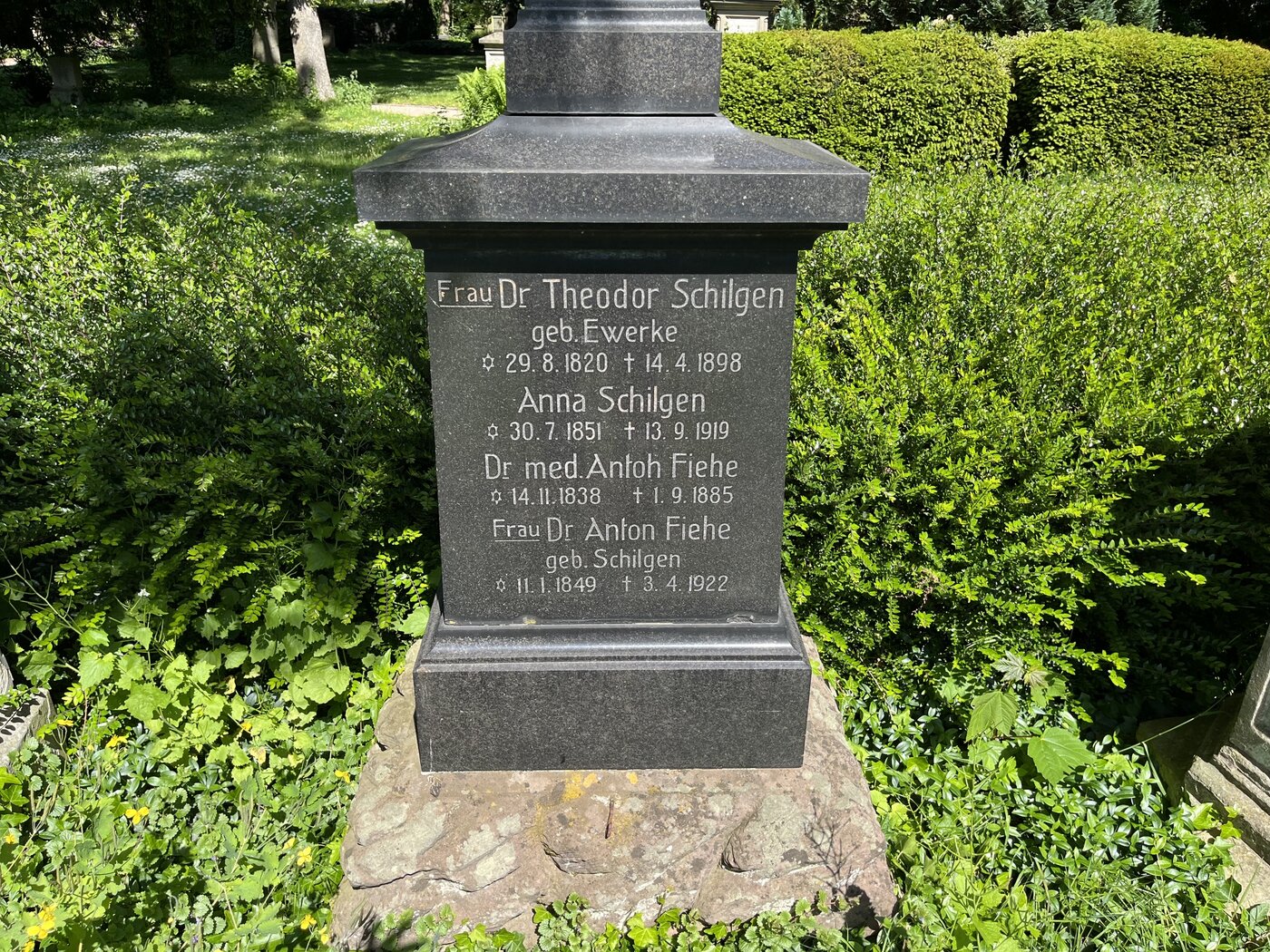 Granitenes Grabmal der Familie Schilgen auf dem alten Friedhof in Rheine, von Hecken eingefasst, mit den eingravierten Namen der Familie des Arztes Theodor Schilgen